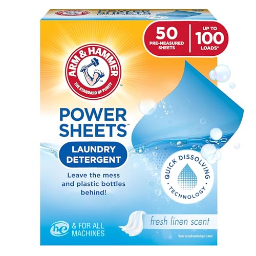 Arm & Hammer Power Sheets Laundry Detergent, Fresh Linen 50ct, up to 100 Small Loads (Packaging may vary)