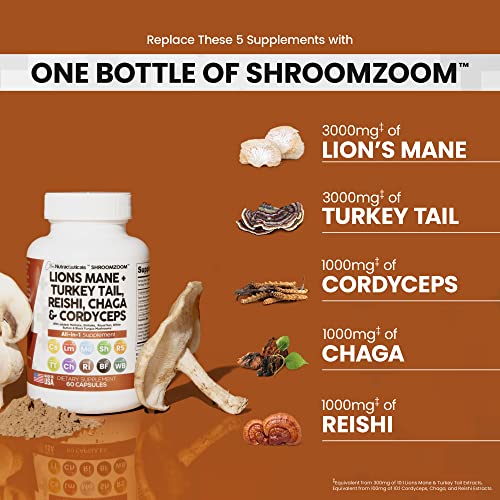 Lions Mane 3000mg 20in1 Mushroom Supplement with Turkey Tail 2000mg Reishi 1000mg Cordyceps Chaga 1000mg Maitake Meshima Poria Cocos Shiitake Oyster Porcini Enoki 60 Count Made In USA