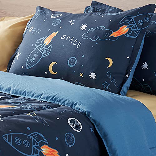 SLEEP ZONE Kids Full/Queen Size - 7 Pieces Super Cute & Soft Bedding Sets & Collections Including Comforter, Sheet, Pillowcase & Sham - Fade Resistant Easy Care (Space Rocket)