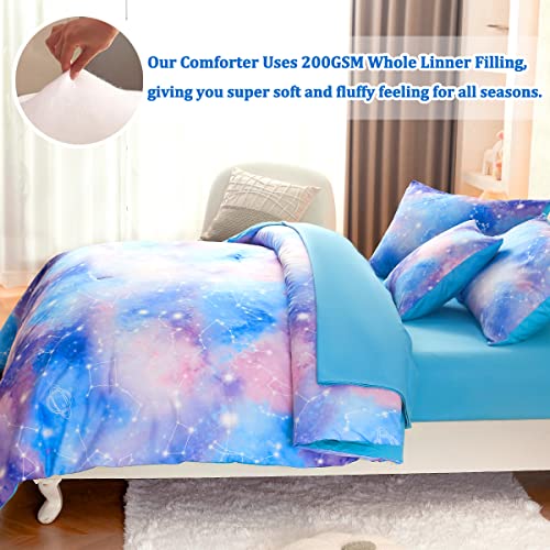 ASKOTU Galaxy Twin Comforter Set for Girls, Tie Dye Blue Purple Ombre 6 Piece Bed in a Bag Kids Bedding Sets with Sheets