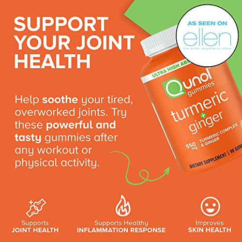 Qunol Turmeric and Ginger Gummies, Gummy with 500mg Turmeric + 50mg Ginger, Joint Support Supplement, Ultra High Absorption Tumeric and Ginger, Vegan, Gluten Free, 90ct Gummies
