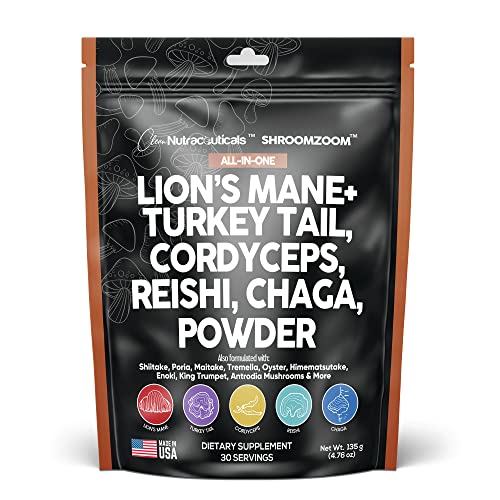 Mushroom Powder Complex Supplement with Lions Mane Mushrooms Turkey Tail Extract Cordyceps Chaga Reishi Maitake Meshima Poria Shiitake Porcini Enoki - Organic Mushroom Blend Mix - Made in USA