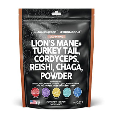 Mushroom Powder Complex Supplement with Lions Mane Mushrooms Turkey Tail Extract Cordyceps Chaga Reishi Maitake Meshima Poria Shiitake Porcini Enoki - Organic Mushroom Blend Mix - Made in USA