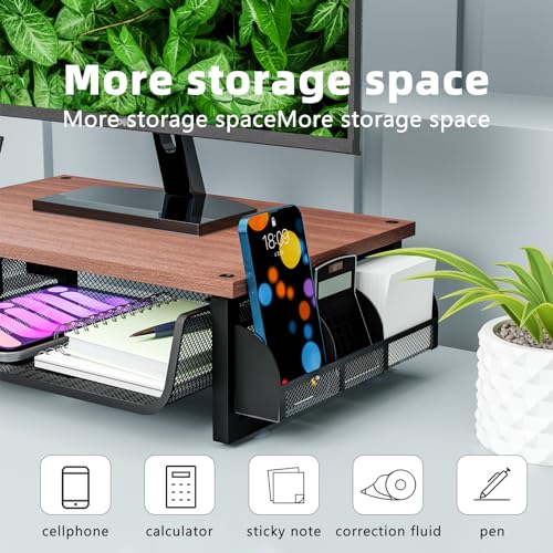 Simple Trending Metal Monitor Stand Riser with Drawer, Wood Desk Computer Organizer with Side Storage for Laptop and Printer,