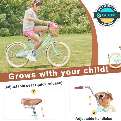 Glerc Little Molly 20 inch Kids Retro Cruiser Bike Bicycle for Girls Ages 7 8 9 10 11 12 13 Year Old with Wicker Basket & Lightweight & Kickstands & Bell for Birthday Gift Mint Green