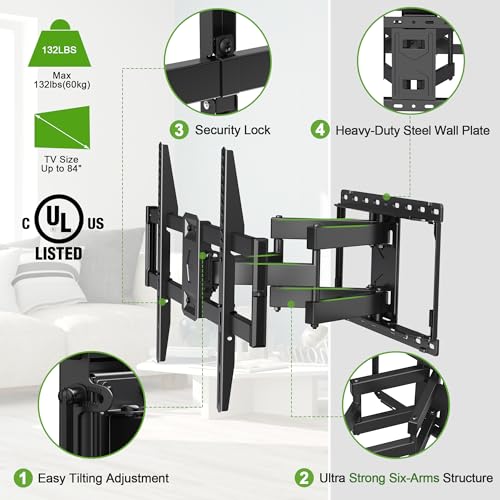 USX MOUNT Full Motion TV Wall Mount for Most 47-84 inch Flat Screen/LED/4K TV, Mount Bracket Dual Swivel Articulating Tilt 6 Arms, Max VESA 600x400mm, Holds up to 132lbs, Fits 8” 12” 16" Wood Studs