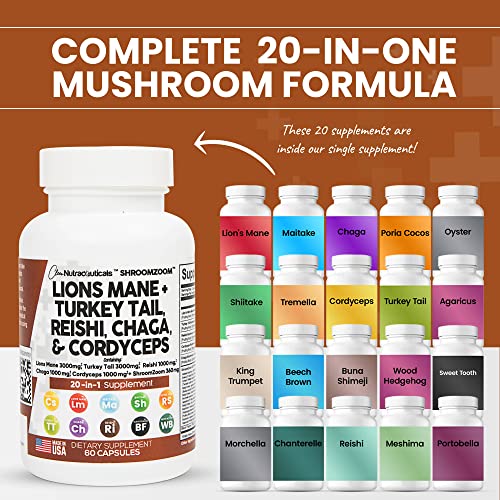 Lions Mane 3000mg 20in1 Mushroom Supplement with Turkey Tail 2000mg Reishi 1000mg Cordyceps Chaga 1000mg Maitake Meshima Poria Cocos Shiitake Oyster Porcini Enoki 60 Count Made In USA
