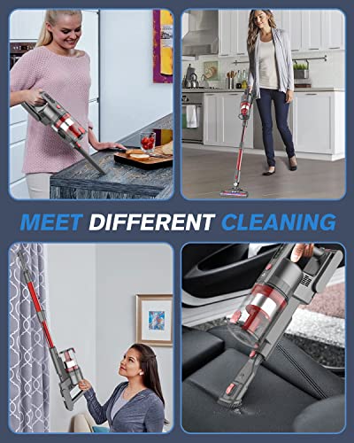 Fykee Cordless Vacuum Cleaner, Cordless Vacuum and 80,000 PRM Brushless Motor, Stick Vacuum Cleaner with Large Detachable Battery up to 35 mins Run Time (Grey Red)