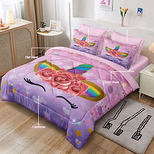 SIRDO Twin Bedding Sets for Girls Purple Pink Unicorn Bed Comforter Sets with Sheets 5 Pieces Kid Girl Bed in a Bag Soft Princess Bedding Cute Bed Set Washable