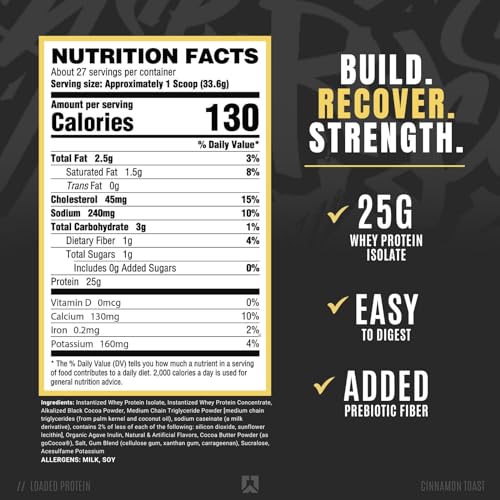 Ryse Loaded Protein Powder | 25g Whey Protein Isolate & Concentrate | with Prebiotic Fiber & MCTs | Low Carbs & Low Sugar | 27 Servings (Cinnamon Toast)