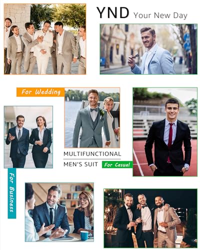YND Men's Slim Fit 3 Piece Suit Set with Stretch Fabric, One Button Blazer Vest Pants, Solid Party Wedding Dress, Jacket Waistcoat and Trousers with Tie Deep Grey