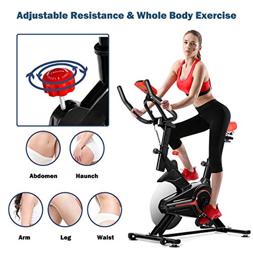 GYMAX Indoor Cycling Bike, Stationary Exercise Bike with LCD Monitor, Heart Pulse Sensor & Comfortable Seat Cushion for Home Workout Black+Red