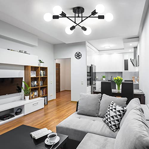 Modern Sputnik Chandelier 6-Light Industrial Ceiling Lights Fixture 22" Black Semi Flush Mount Ceiling Light with E26 Base Sputnik Lights Fixture for Dining Room Bedroom Foyer Hallway Living Room