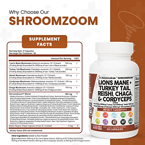 Lions Mane 3000mg 20in1 Mushroom Supplement with Turkey Tail 2000mg Reishi 1000mg Cordyceps Chaga 1000mg Maitake Meshima Poria Cocos Shiitake Oyster Porcini Enoki 60 Count Made In USA