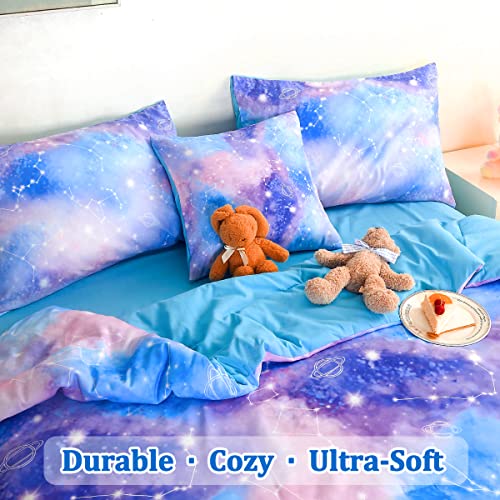 ASKOTU Galaxy Twin Comforter Set for Girls, Tie Dye Blue Purple Ombre 6 Piece Bed in a Bag Kids Bedding Sets with Sheets