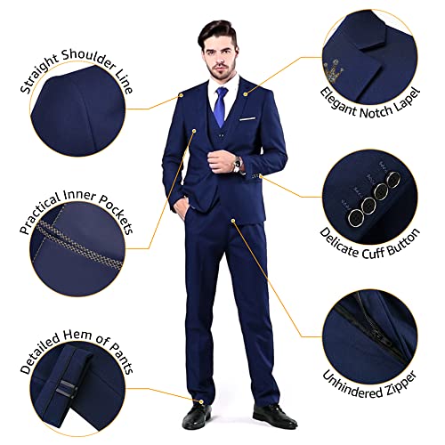 YND Men's Slim Fit 3 Piece Suit Set with Stretch Fabric, One Button Blazer Vest Pants, Solid Party Wedding Dress, Jacket Waistcoat and Trousers with Tie Sky