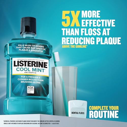 Listerine Cool Mint Antiseptic Mouthwash to Kill 99% of Germs That Cause Bad Breath, Plaque and Gingivitis, Cool Mint Flavor, 1 L (Pack of 2)