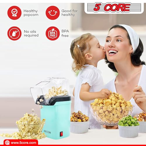 5 Core Hot Air Popcorn Popper Machine 1200W Electric Popcorn Kernel Corn Maker Bpa Free, 95% Popping Rate, 2 Minutes Fast, No Oil-Healthy Snack for Kids Adults, Home, Party, Gift POP G