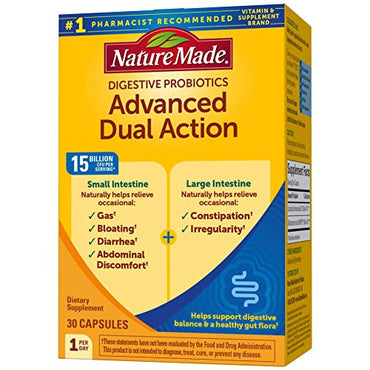 Nature Made Digestive Probiotics Advanced Dual Action, Dietary Supplement for Digestive Health Support, 30 Probiotic Capsules, 30 Day Supply
