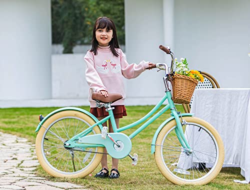 Glerc Little Molly 20 inch Kids Retro Cruiser Bike Bicycle for Girls Ages 7 8 9 10 11 12 13 Year Old with Wicker Basket & Lightweight & Kickstands & Bell for Birthday Gift Mint Green