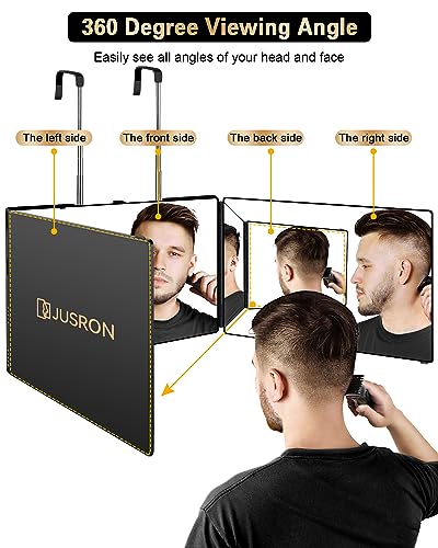 JUSRON 3 Way Mirror for Self Hair Cutting, 360 Trifold Barber Mirrors 3 Sided Makeup Mirror to See Back of Head, Used for Hair Coloring, Braiding, Good Gifts for Men Women (Without LED)