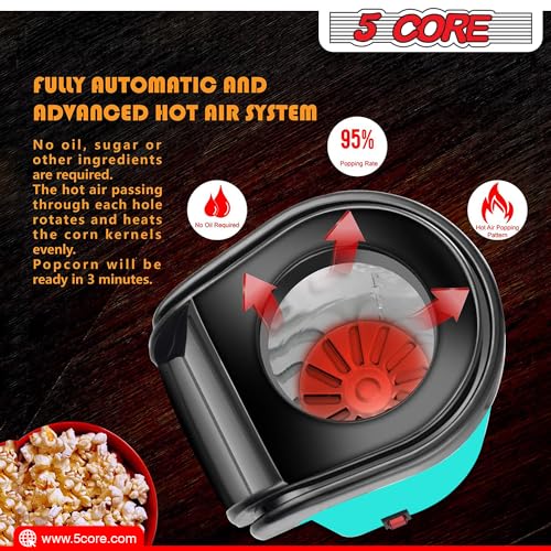 5 Core Hot Air Popcorn Popper Machine 1200W Electric Popcorn Kernel Corn Maker Bpa Free, 95% Popping Rate, 2 Minutes Fast, No Oil-Healthy Snack for Kids Adults, Home, Party, Gift POP G