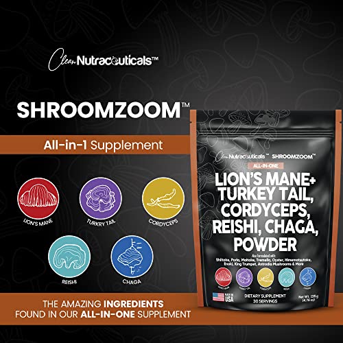 Mushroom Powder Complex Supplement with Lions Mane Mushrooms Turkey Tail Extract Cordyceps Chaga Reishi Maitake Meshima Poria Shiitake Porcini Enoki - Organic Mushroom Blend Mix - Made in USA