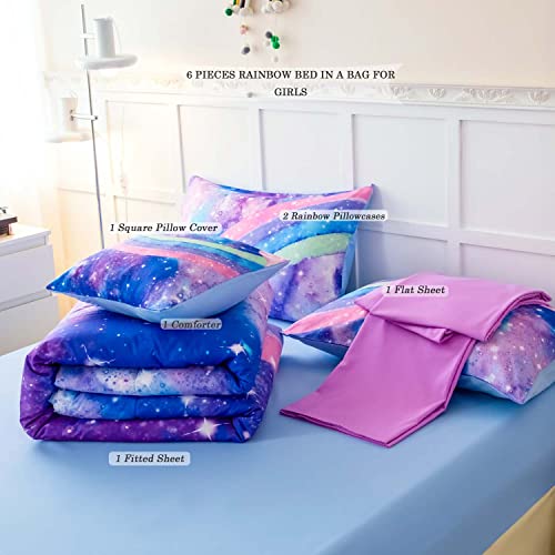 ANGIYUIN Tie Dye Comforter Girls Twin Comforter Set, 6 Pieces Colorful Rainbow Bed in A Bag, Pastel Gradient Galaxy Bedding Sets with Sheets, Comforter and Pillowcases for Teens Kids
