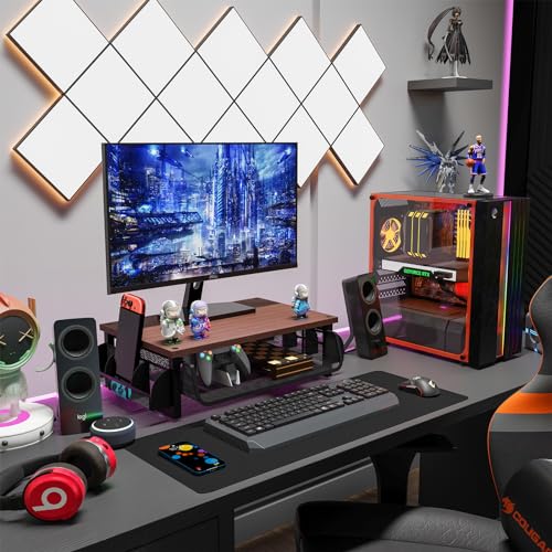 Simple Trending Metal Monitor Stand Riser with Drawer, Wood Desk Computer Organizer with Side Storage for Laptop and Printer,
