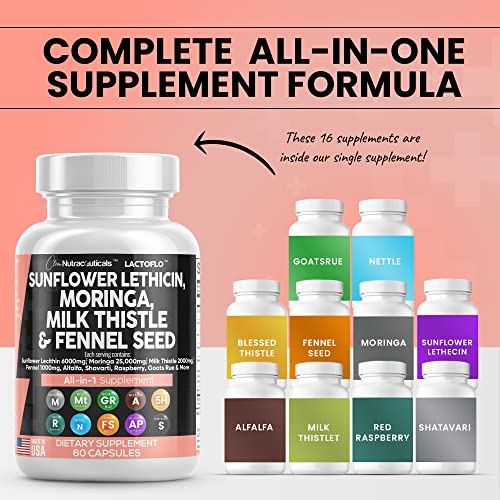 Sunflower Lecithin 6000mg Lactation Supplement with Moringa 25000mg Milk Thistle 2000mg Fennel Seed 2000mg Plus Goats Rue, Shatavari, Alfalfa, Red Raspberry & Nettle For Breastfeeding USA Made 60 Ct