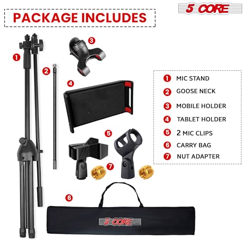 5 Core Microphone Stand Pair + Phone Holder Floor Boom Mic Stand Gooseneck + Tablet Holder Collapsible Adjustable Tripod Mic Stand w Two Mic Clips + Carry Bag for Singing Karaoke Studio Parties MS MOB