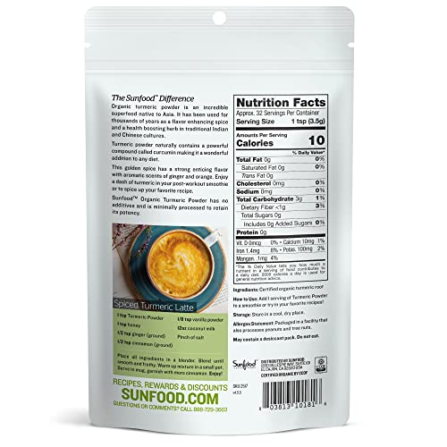 Sunfood Superfoods Organic Turmeric Root Powder - 100% Pure Medicinal Herb with Curcumin - 4 oz Bag