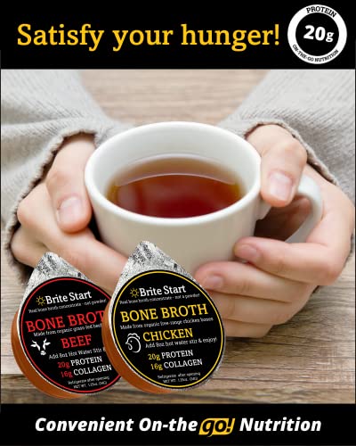 Brite Start Bone Broth - Chicken + Ginger & Turmeric - 12 Count - Keto Friendly Concentrate with 16g Collagen, 20g Paleo Protein - Made from Organic Free Range Chicken Bones - Single Serve Packets