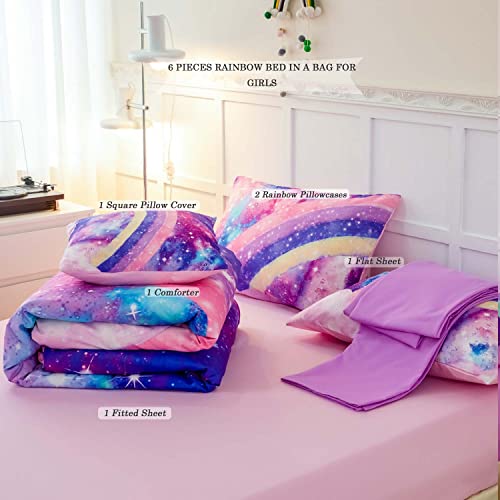 ANGIYUIN 6 Pcs Tie Dye Pink Twin Comforter Set for Girls, 3D Rainbow Galaxy Gradient Themed Bed in A Bag, Pastle Nebula Kids Bedding Set with Sheets, Comforter and Pillowcases for All Season