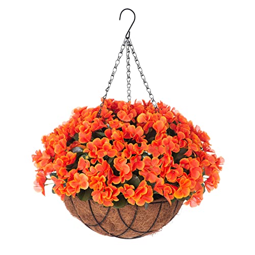 Artificial Flowers with HangingBasket for Outdoor Indoor,Fake Hydrangea Flowers in Coconut Lining Hanging Basket for Home Courtyard Decoration,4 Branches Hydrangea Flowers in12'' Basket(Orange)