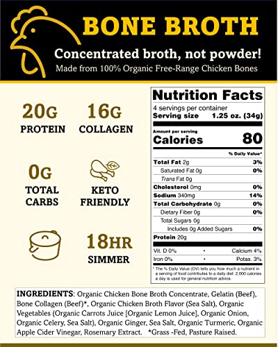 Brite Start Bone Broth - Chicken + Ginger & Turmeric - 12 Count - Keto Friendly Concentrate with 16g Collagen, 20g Paleo Protein - Made from Organic Free Range Chicken Bones - Single Serve Packets