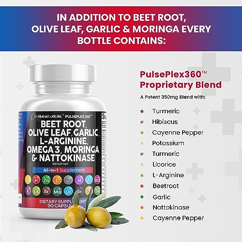 Beet Root Capsules 6000mg Olive Leaf 6000mg Nattokinase 4000 FU Garlic Extract 2000mg L-Arginine 400mg Omega 3 Red Yeast Rice Hibiscus Danshen - Healthy Support Supplement - USA Made