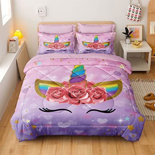 SIRDO Twin Bedding Sets for Girls Purple Pink Unicorn Bed Comforter Sets with Sheets 5 Pieces Kid Girl Bed in a Bag Soft Princess Bedding Cute Bed Set Washable