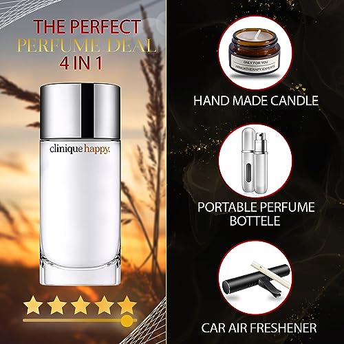 Happy By Clinique For Women EDP, 3.4 Fl Oz - Gift Set Pack With Lavender Soy Candle, Car Air Fresheners, and Empty Travel Perfume Atomizer