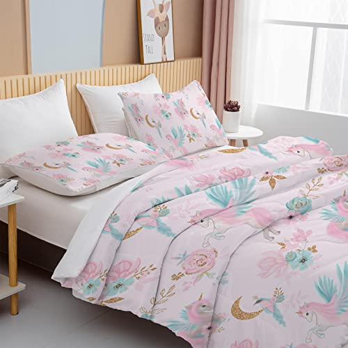 BEDMUST Unicorn Comforter Set King - Soft Cute Pink Unicorn Bedding Set with Flowers Leaves and Blue Birds Print Pattern 3 Piece Unicorn Bed Set for Teen Women Aldults (King, Gold Moon)