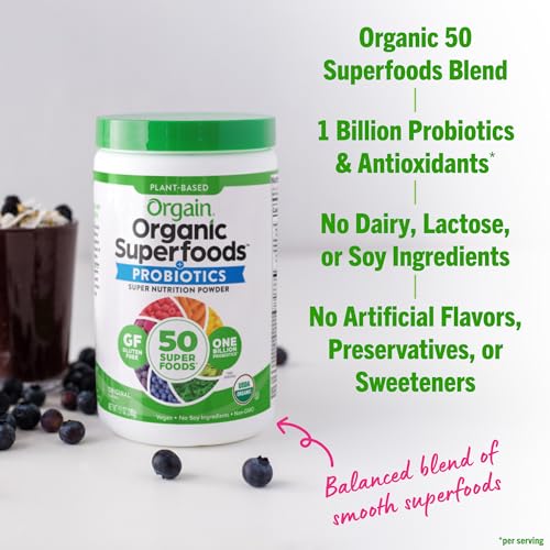 Orgain Organic Greens Powder + 50 Superfoods, Original - 1 Billion Probiotics for Gut Health, Antioxidants, Vegan, Plant Based, Gluten Free, Non GMO, Dairy Free Juice & Smoothie Mix - 0.62lb