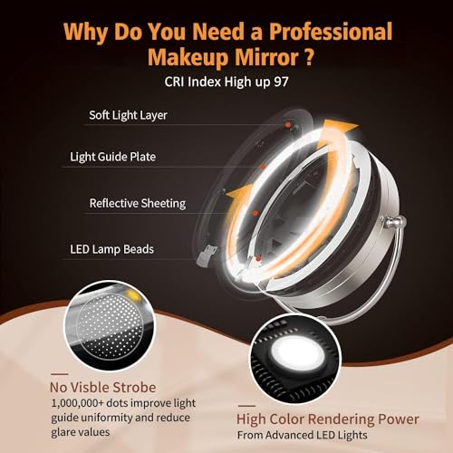 VESAUR Professional 8.5" Large Lighted Makeup Mirror Updated with 3 Color Lights, 1X/10X Magnifying Swivel Vanity Brightness Dimmable Cosmetic Mirror with 48 Premium LED Lights, Senior Pearl Nickel