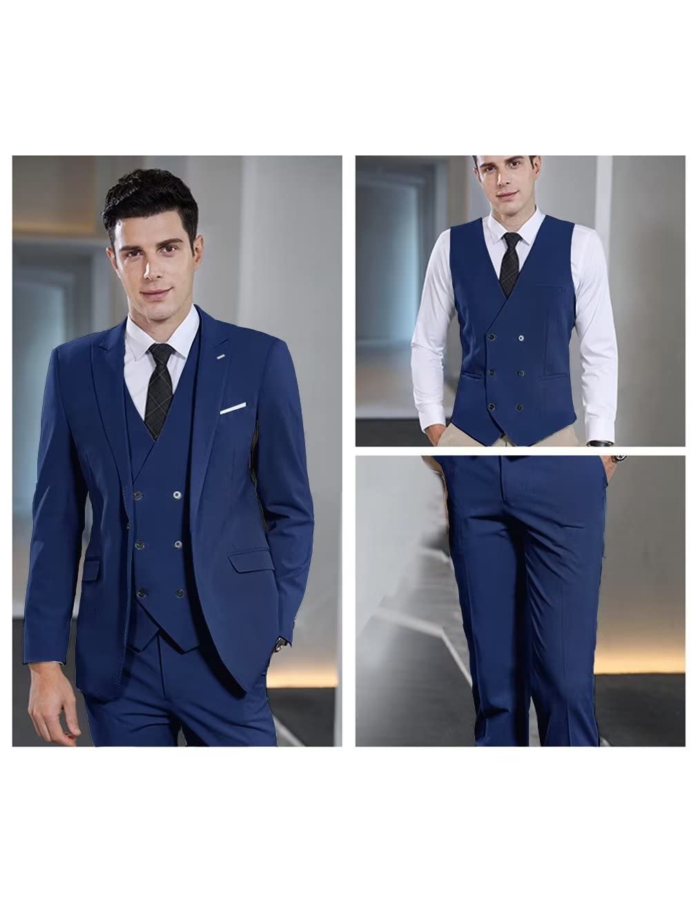 Slim Fit 3 Piece Suits for Men Set Formal Wedding Suit Double Breasted Vest Casual Dress Navy Suits Size 42 L