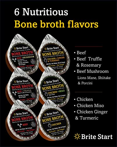Brite Start Bone Broth - Chicken + Ginger & Turmeric - 12 Count - Keto Friendly Concentrate with 16g Collagen, 20g Paleo Protein - Made from Organic Free Range Chicken Bones - Single Serve Packets