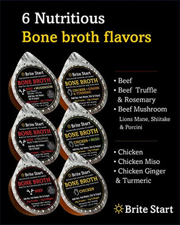 Brite Start Bone Broth - Chicken + Ginger & Turmeric - 12 Count - Keto Friendly Concentrate with 16g Collagen, 20g Paleo Protein - Made from Organic Free Range Chicken Bones - Single Serve Packets