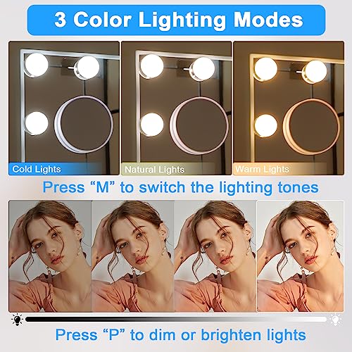 Hansong Vanity Mirror with Lights with 9 LED Bulbs Makeup Mirror with Lights 3 Color Lighting Modes Lighted Vanity Makeup Mirror 360 Degree Rotation White