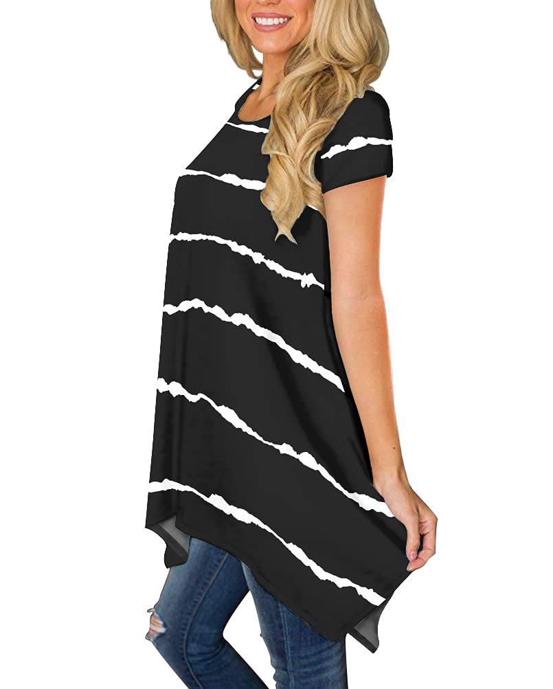 POPYOUNG Womens Summer Short Sleeve Tunic Tops Casual Swing Blouse Shirt XL, Stripe Black