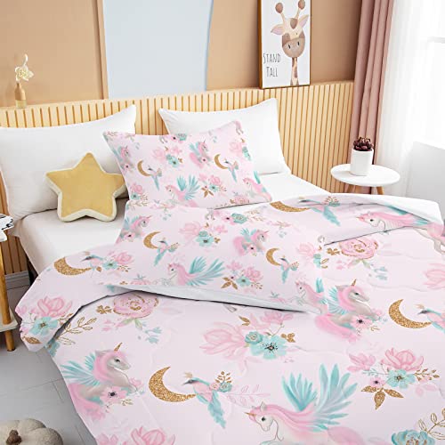 BEDMUST Unicorn Comforter Set King - Soft Cute Pink Unicorn Bedding Set with Flowers Leaves and Blue Birds Print Pattern 3 Piece Unicorn Bed Set for Teen Women Aldults (King, Gold Moon)