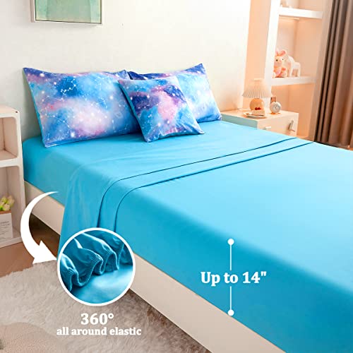 ASKOTU Galaxy Twin Comforter Set for Girls, Tie Dye Blue Purple Ombre 6 Piece Bed in a Bag Kids Bedding Sets with Sheets