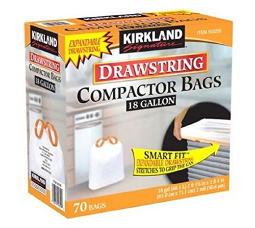  Kirkland Signature Compactor Bags 18 Gallon Smart Fit Gripping  Drawstring 70 ct ,Thickness: 2.0 mil,Dimensions: 25.625 x 28 : Health &  Household